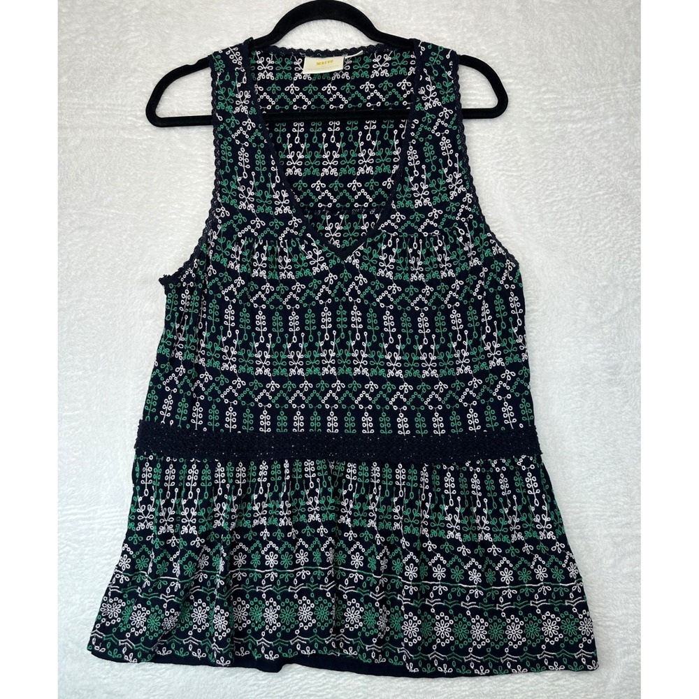 Maeve Anthropologie Sleeveless Peplum Top Womens Large Navy Green Embroidered